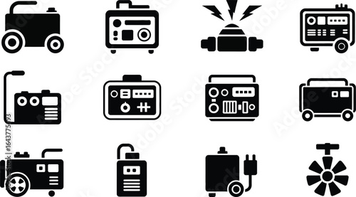 Electric power generator icons set with industrial equipment silhouette