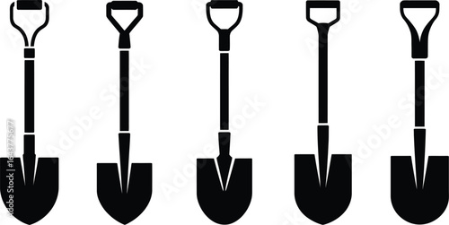 Gardening and digging shovel icons set with silhouette style
