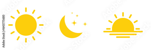 Rising sun and moon icon, moon and stars, day and night time symbols. Vector illustration. EPS 10