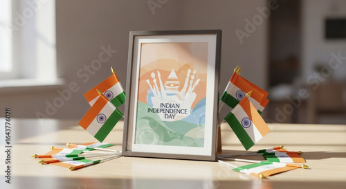Festive Indian Independence Day Celebration Still Life Arrangement with Flags and Poster