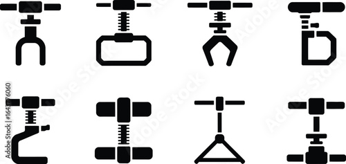 Jack lifter clamp tool icons set for industrial applications silhouette