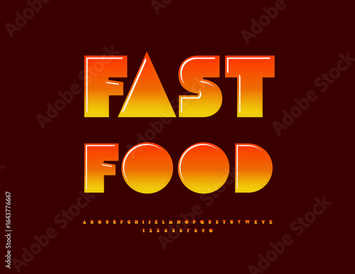 Vector Promo banner Fast Food. Orange Glossy Font. Big Geometric Alphabet Letters and Numbers set