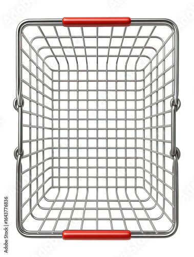Empty metal shopping basket from overhead view.