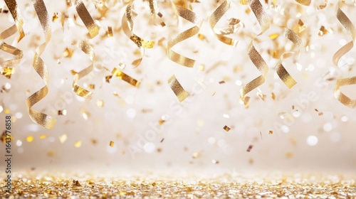 Gold confetti falling on glitter background
