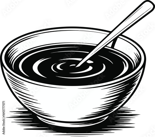 Black and White soy sauce bowl sketch in cartoon style. Perfect for menus, sushi graphics, and monochrome food designs.
