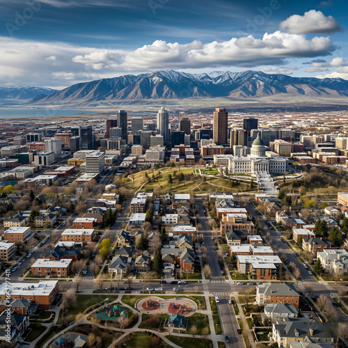 A stunning aerial view captures the Salt Lake City skyline and the State Capitol building, with the majestic snow-capped Wasatch mountain range providing a dramatic backdrop under a partly cloudy sky