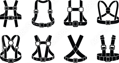 Collection of safety harness and climbing belt icons in silhouette style