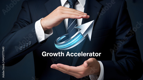 Professional businessman presents growth accelerator concept with upward arrow symbol