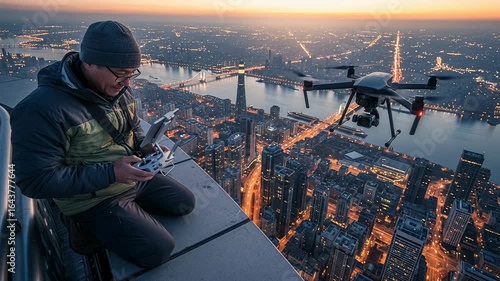 Male drone operator programs drone as city lights illuminate skyline at dusk while controlling joystick from rooftop.