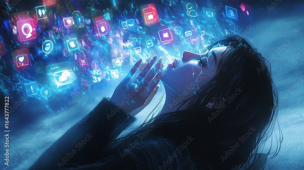 Obraz premium Woman Surrounded by Floating Digital Icons in Futuristic Atmosphere