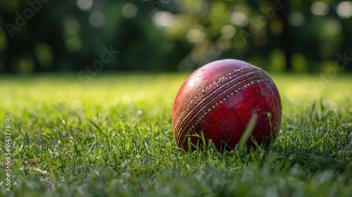 A red cricket ball on a grassy field with a blurred background.