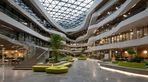 Modern, open-plan office atrium with curved walls, glass, and greenery
