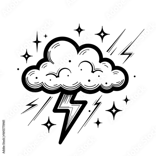 Handdrawn thundercloud with lightning bolts - extreme weather events - climate change impact - storm hazard awareness