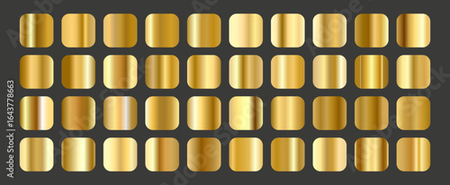 Gold metallic gradient set on black background. Luxury golden texture swatches for premium design.