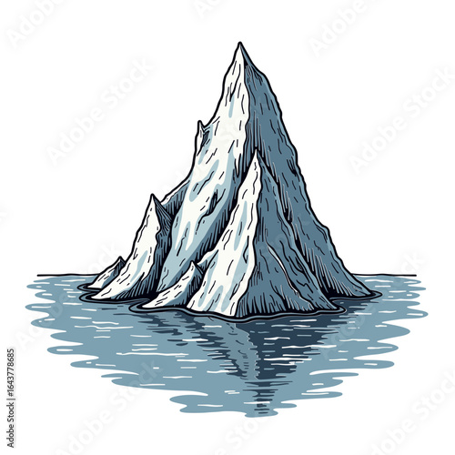 Handdrawn iceberg floating in ocean waters - arctic ecosystem protection - melting glaciers awareness - climate change education