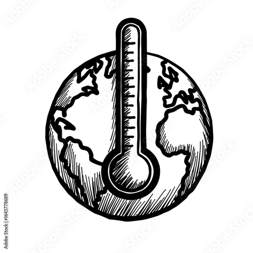 Handdrawn Earth with thermometer symbolizing global warming - climate change awareness - planetary temperature rise - environmental protection