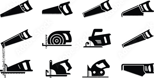 Collection of wood hand saw icons in silhouette style