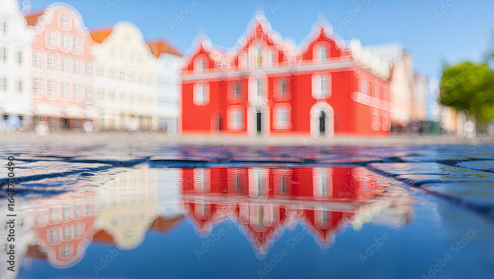 Obraz premium Vibrant red historic building reflected in a wet cobblestone street after rain