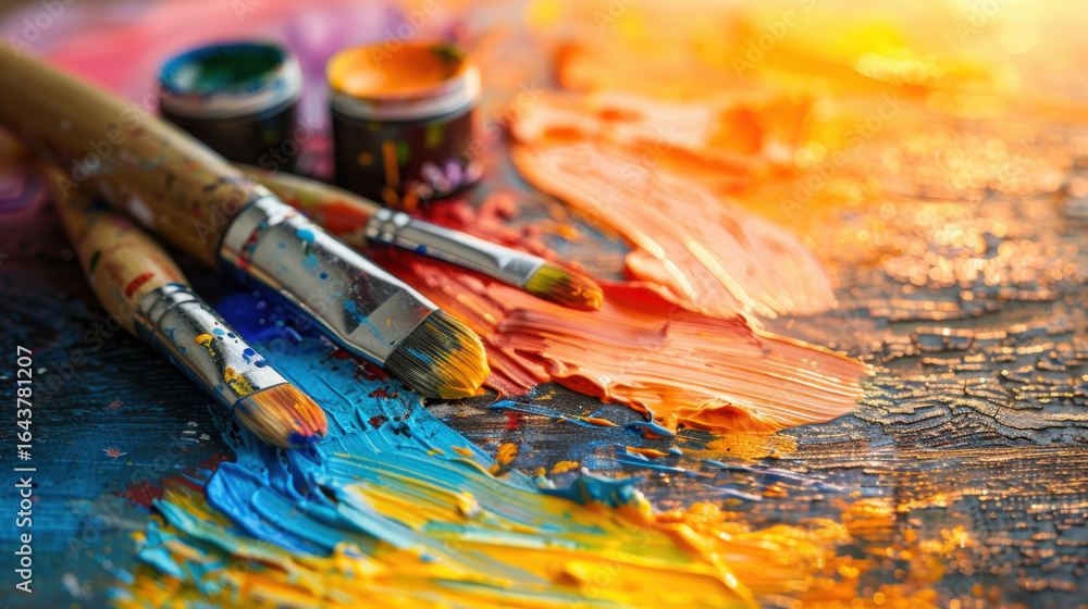Obraz premium Vibrant paint colors spread across wooden surface with brushes resting nearby, creating artistic and creative atmosphere. warm hues evoke inspiration and passion for art