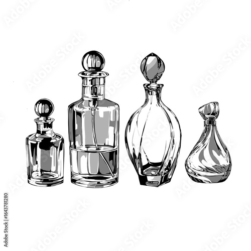 Elegant vintage perfume bottles illustration – black and white glass container design
