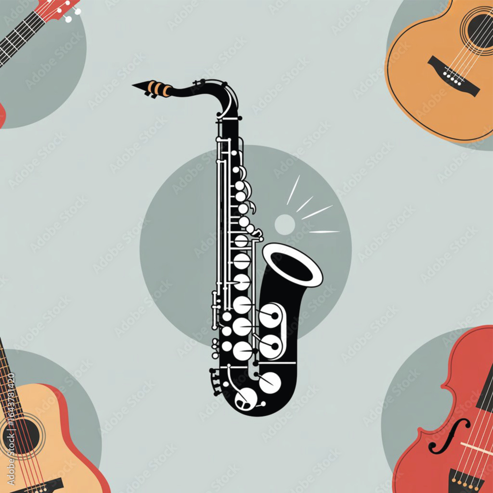 Naklejka premium Saxophone illustration surrounded by guitars on pastel background 