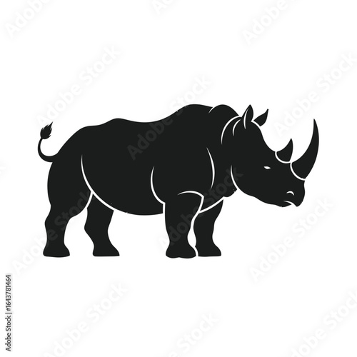 Silhouetted rhinoceros standing on a white background, its form boldly outlined,Rhino silhouette with distinctive horn and stocky build against a plain backdrop