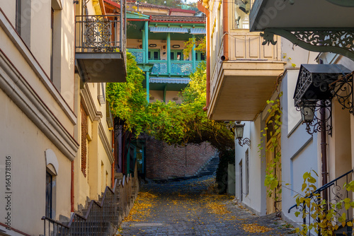 Old Tbilisi with its characteristic ornate balconies. Colorful autumn in Tbilisi