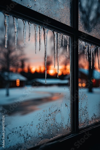 Icicles on a frosty windowpane, winter sunset view