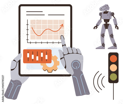 Robot hands using tablet interface with graph, controls, and gear humanoid robot, traffic signal nearby. Ideal for AI, technology, robotics, automation analytics innovation future trends. Simple
