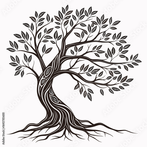 Black and white illustration of a tree with visible roots and leaves