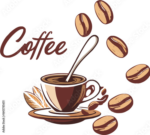  12082025_Coffee Cup and Beans
Description: A vibrant and modern illustration of a coffee cup with a spoon inside, sitting on a saucer