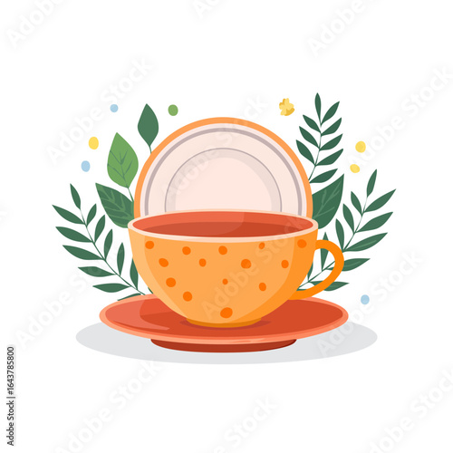 Stylized orange teacup and saucer with foliage, whimsical and decorative food service theme