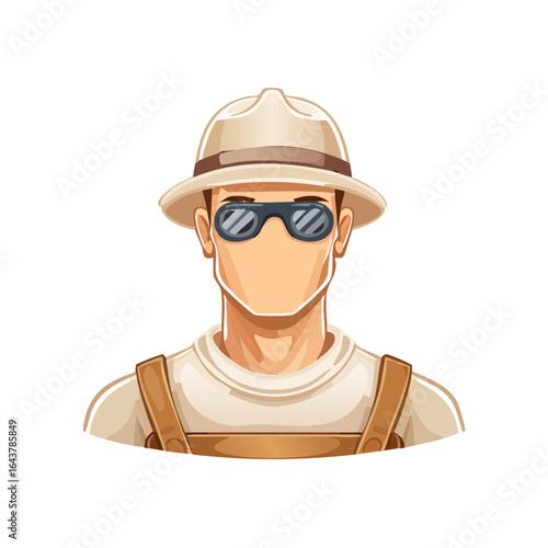 Faceless cartoon man with hat, sunglasses, overalls on black background, illustration