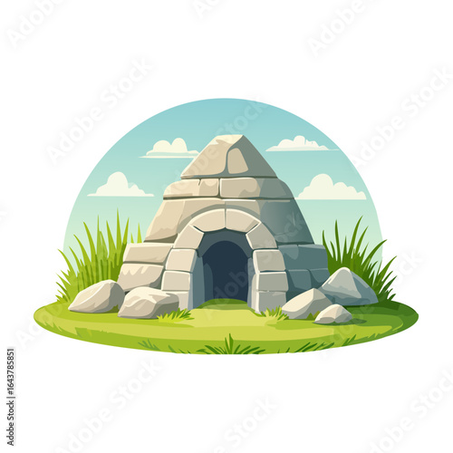 Stone shelter illustration in landscape with arch doorway, grass, rocks, and blue sky with clouds.