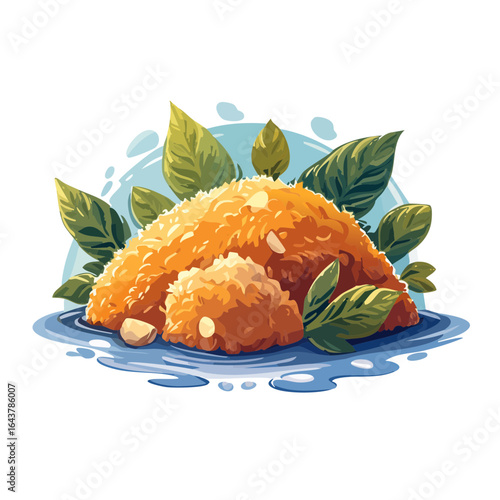 Delicious golden brown tempura with fresh herbs on a plate with artistic splash background gourmet cuisine