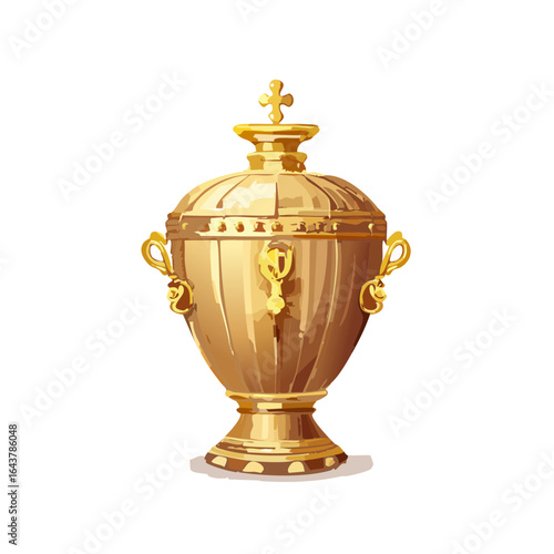Ornate Golden Samovar Teapot with Cross Decoration Festive Illustration Object