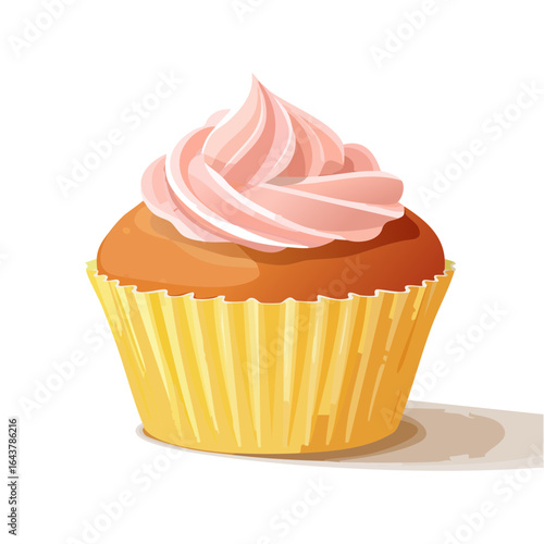 Delicious cupcake vector art with pink frosting. Dessert illustration in yellow paper cup.
