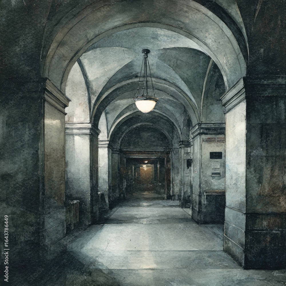 Fototapeta premium Long, arched hallway, muted tones. Vast, stone corridor, dimly lit