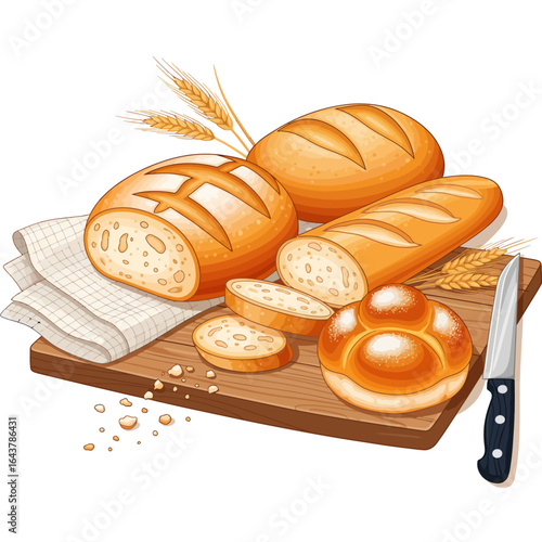 Freshly Baked Bread Assortment on a Rustic Wooden Cutting Board with Wheat Stalks and a Knife, Sliced Loaves and Crumbs
