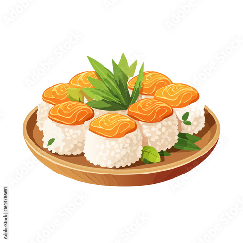 Cartoon Sushi Plate with Salmon, Rice and Garnish, Traditional Asian Cuisine