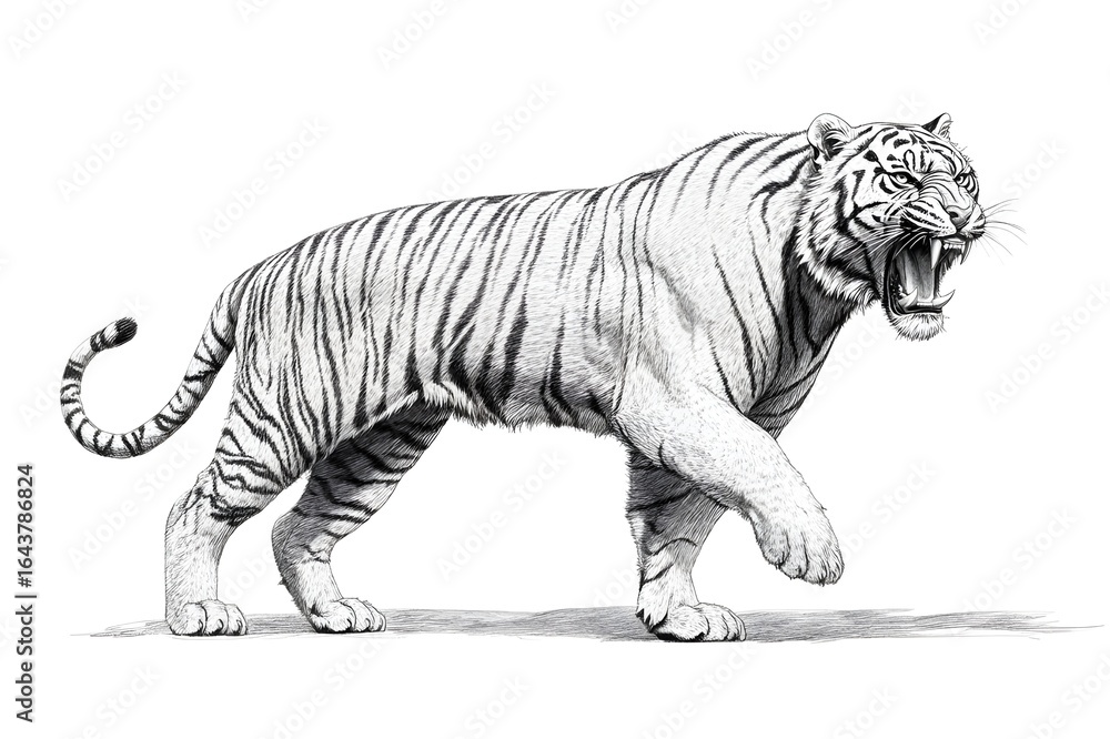 Fototapeta premium Pencil drawing of angry and fierce tiger from side view, white background
