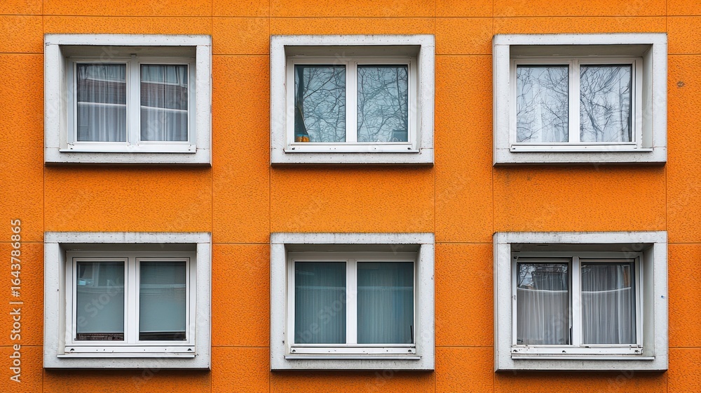 Fototapeta premium Six windows on an orange building with white frames.