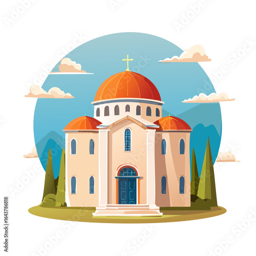 Cartoon illustration of an Eastern Orthodox Church building with mountains and sky background. Religious architecture exterior design