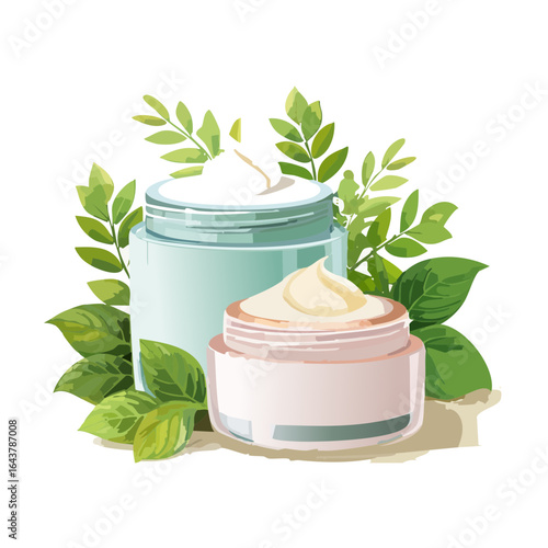 Cosmetic jars with creams and leaves organic beauty products natural skincare vector illustration