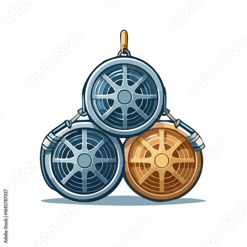 Three cartoon film reels hanging together blue and gold vintage media illustration