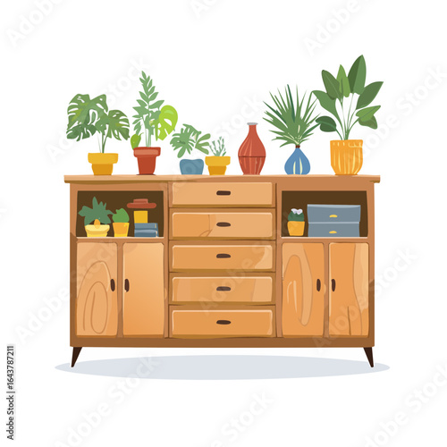 Furniture with potted plants and books vector illustration interior design