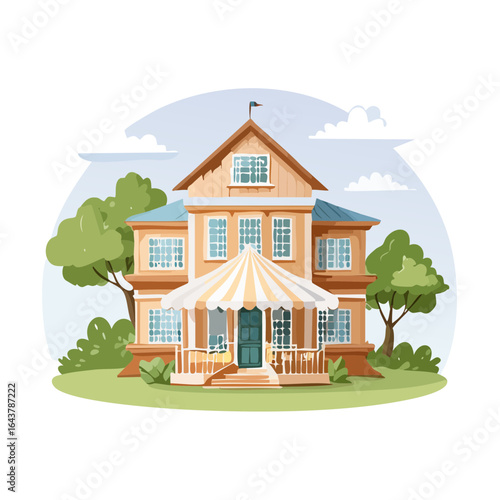Elegant two story house with porch vector illustration of home exterior and yard with trees and blue roof tiles in sunny weather