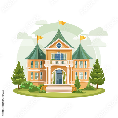 Fantasy manor house illustration stately home facade with flags and turrets cartoon drawing exterior