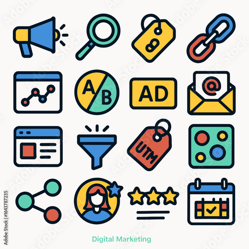 Marketing icons display tools strategies across web platform