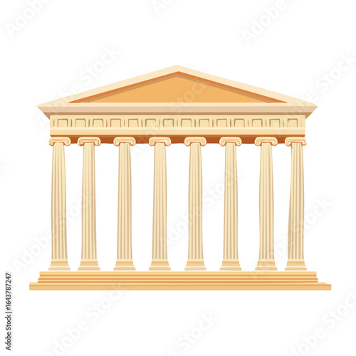 Architectural facade with pillars design, golden building with ancient monument, classic structure for historical construction illustration